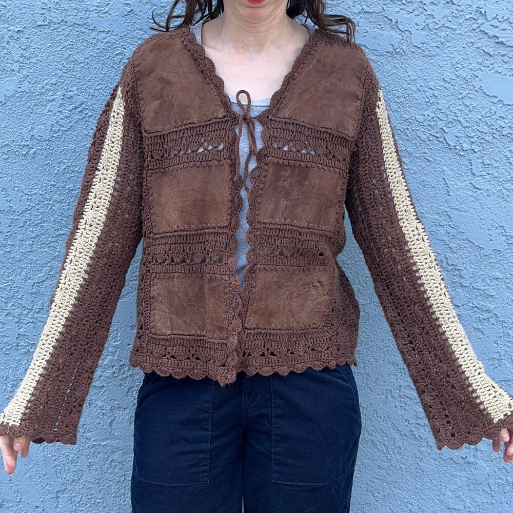 90 Y2k Cardigan suede crochet sweater